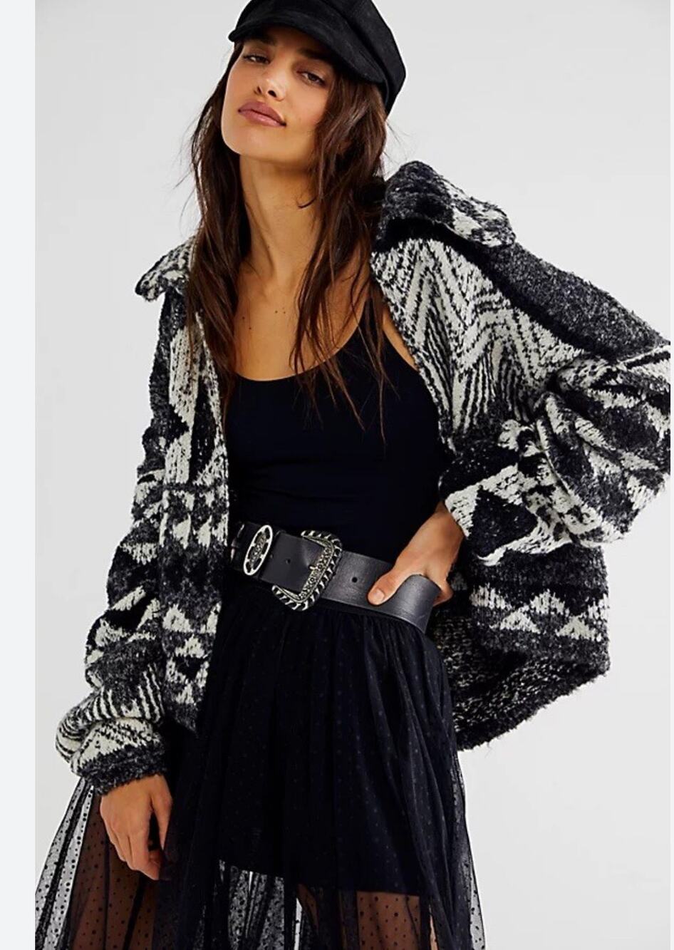 Free People One and Another Cardi Cardigan Sweater Black White Print M